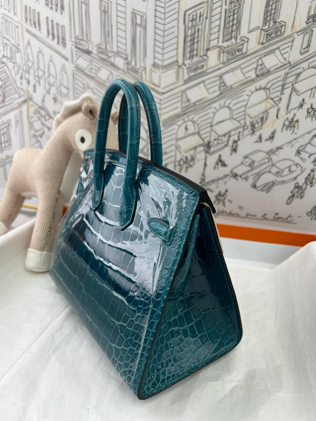 Luxury Handmade Birkin | Teal Blue Glossy Nile Crocodile Skin