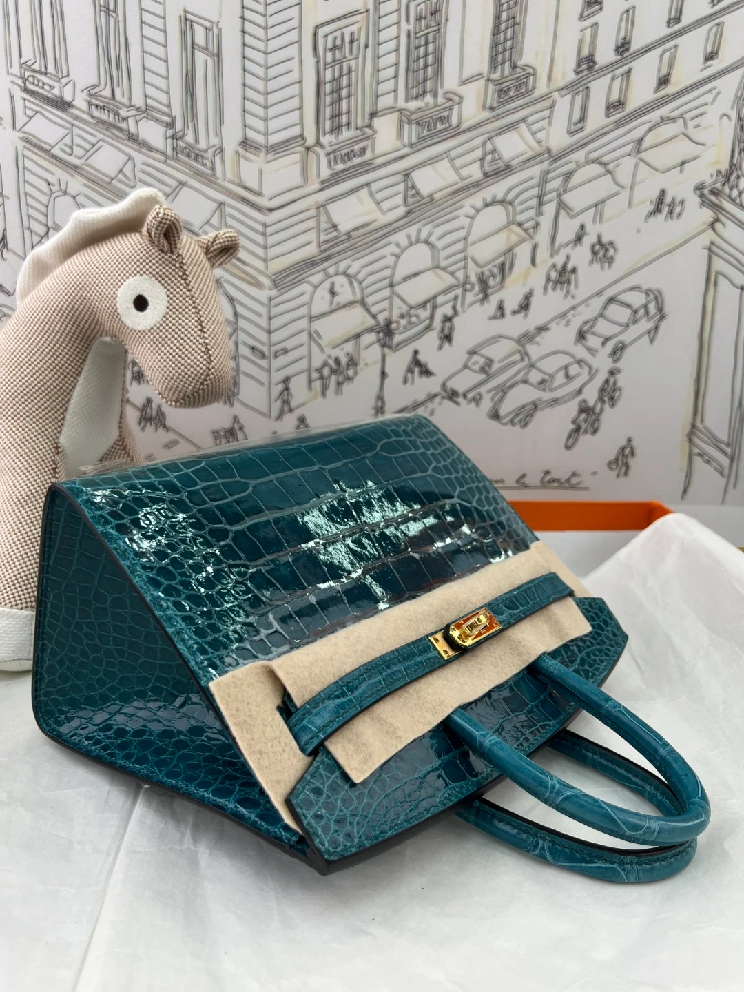 Luxury Handmade Birkin | Teal Blue Glossy Nile Crocodile Skin