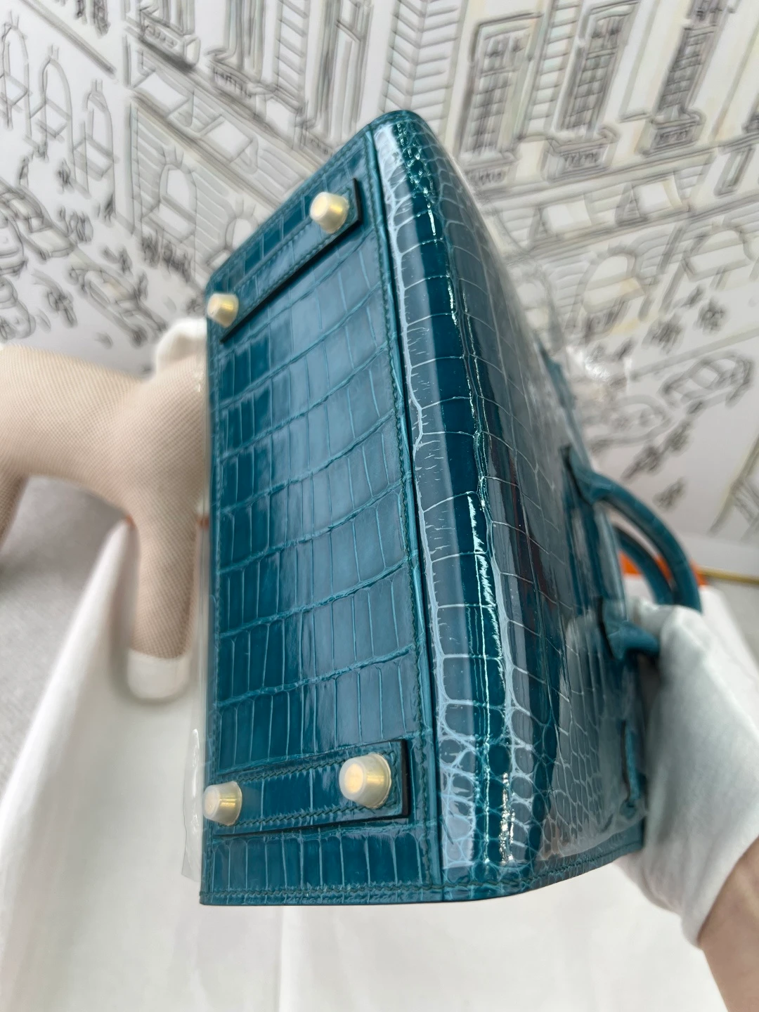 Luxury Handmade Birkin | Teal Blue Glossy Nile Crocodile Skin