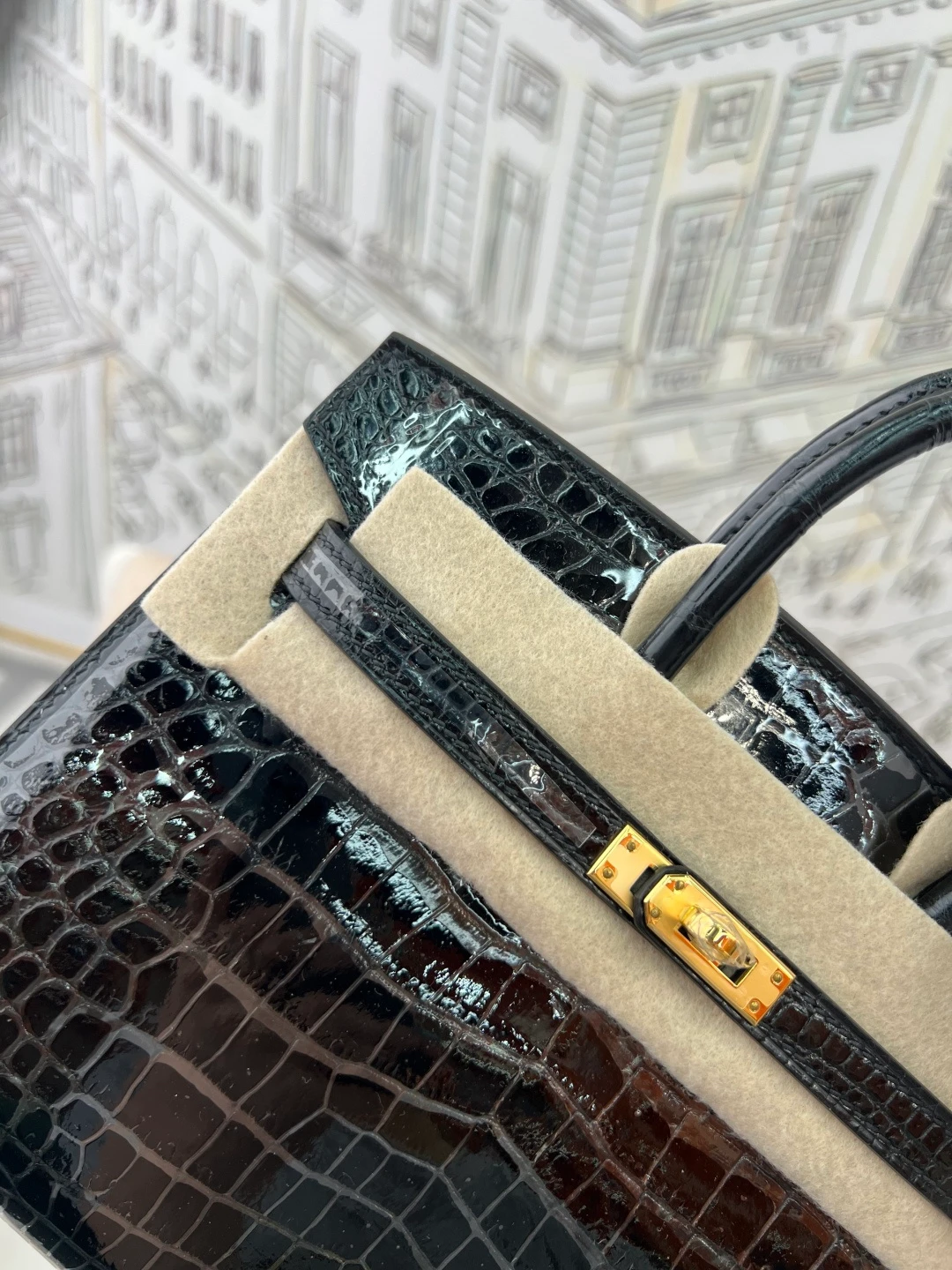 Luxury Handmade Birkin | Glossy Black Nile Crocodile Skin