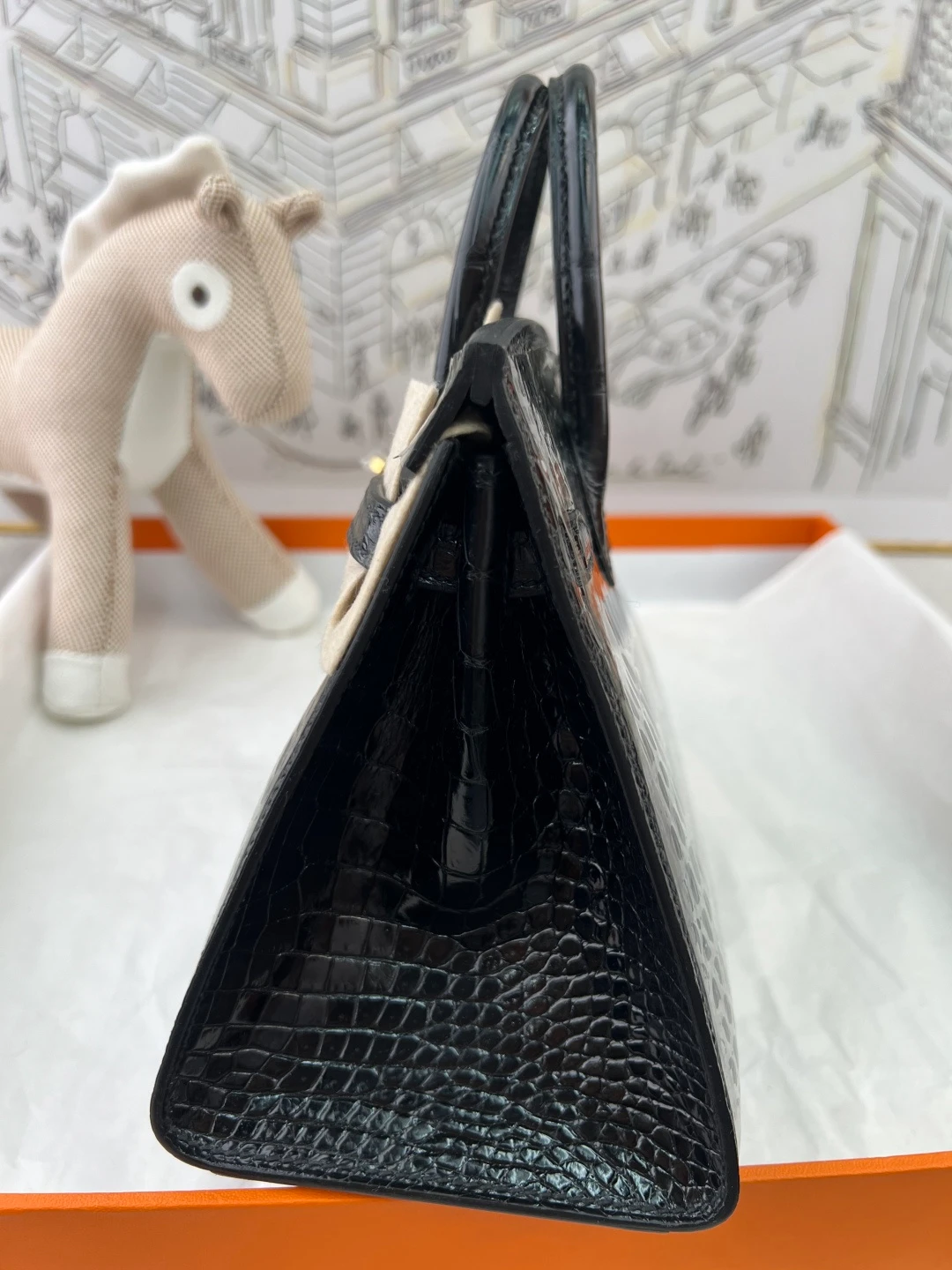 Luxury Handmade Birkin | Glossy Black Nile Crocodile Skin