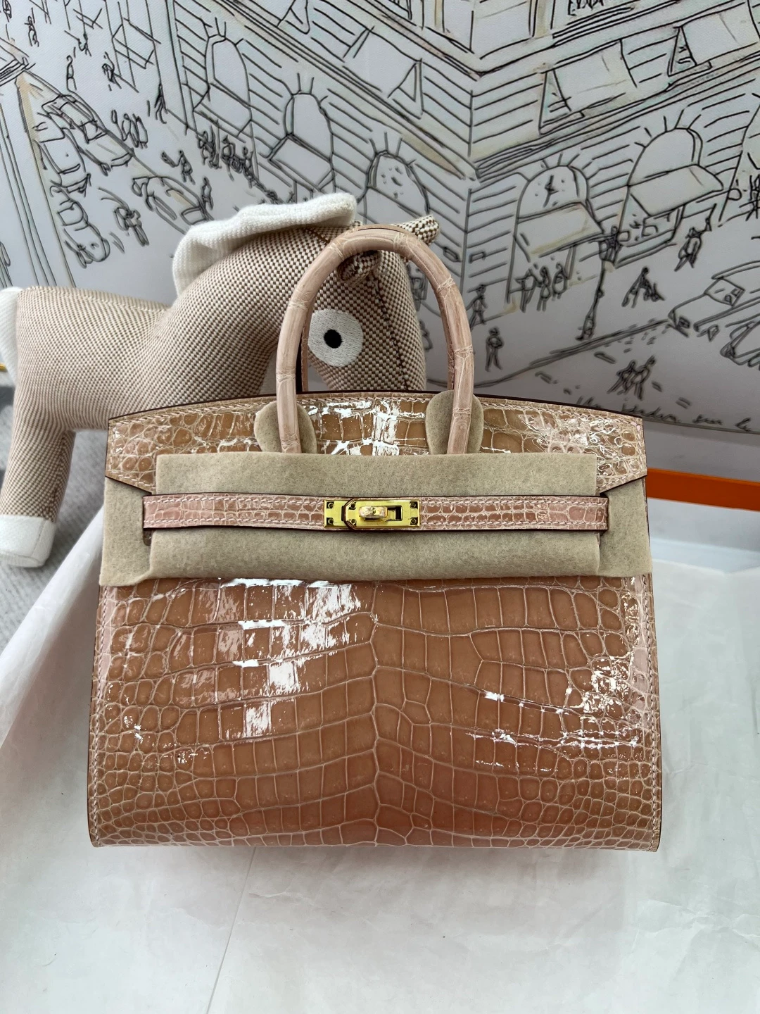 Luxury Handmade Birkin | Glossy Beige Nile Crocodile Skin