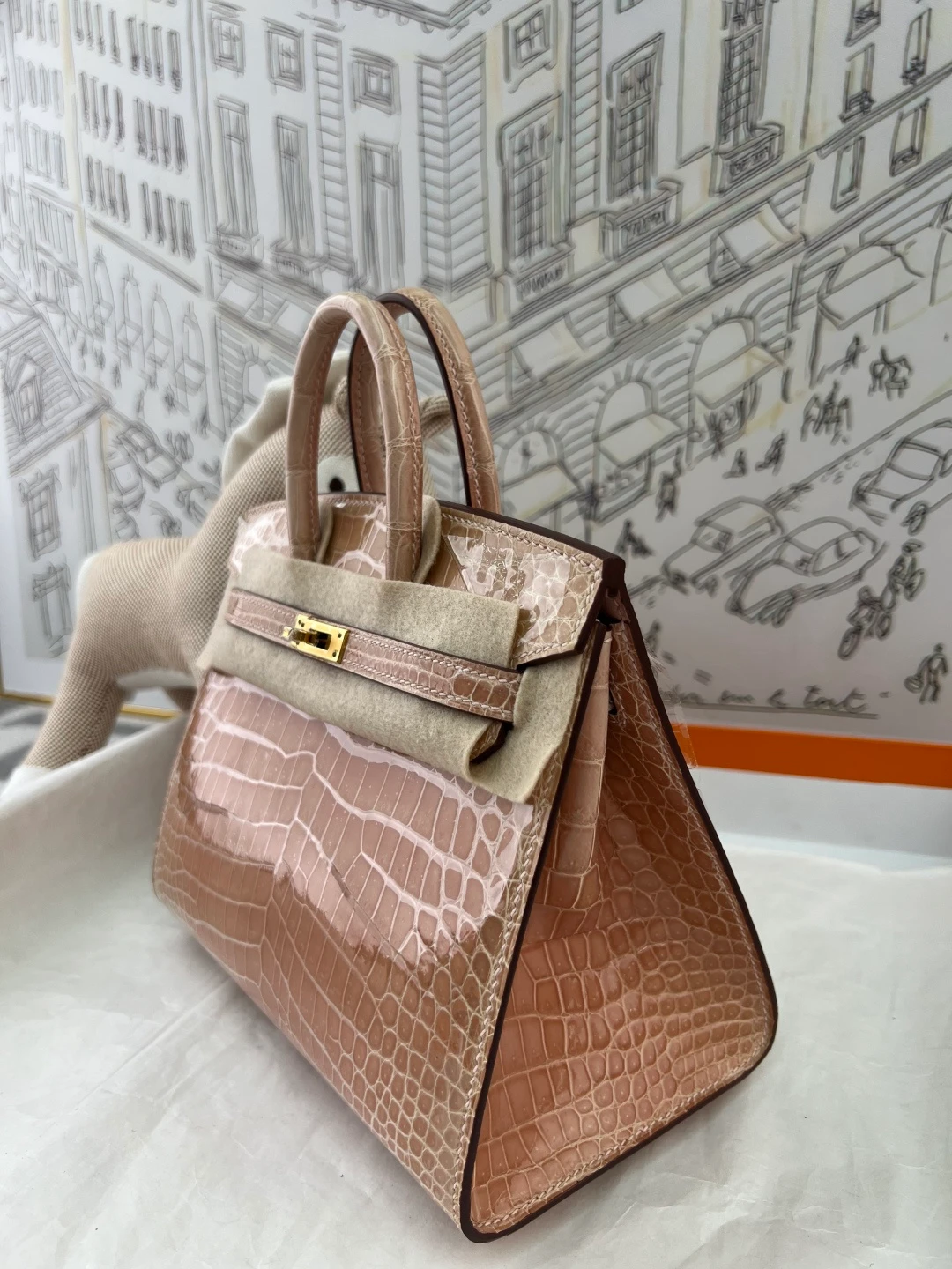 Luxury Handmade Birkin | Glossy Beige Nile Crocodile Skin