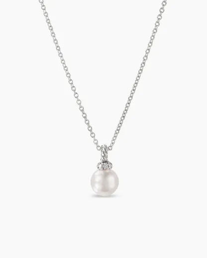 Petite Solari Pendant Necklace 18K White Gold with Pearl and Diamonds, 11.5mm