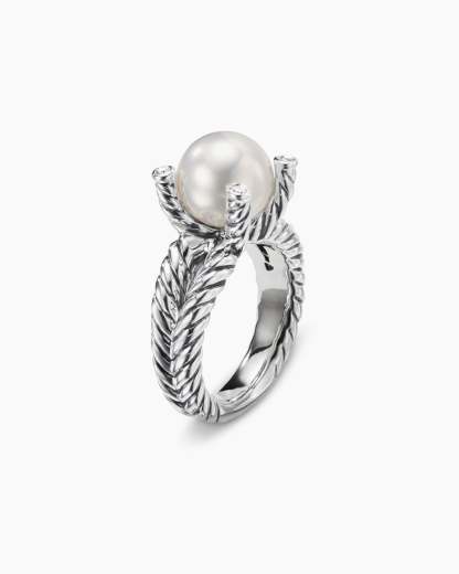 Cable Collectibles庐 Pearl Ring Sterling Silver with Pearl and Diamonds, 11mm