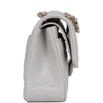 Small Classic Double Flap Grey Caviar Light Gold Hardware