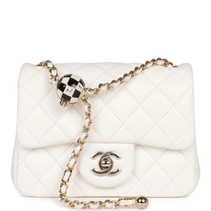 Pearl Crush Mini Square Flap Bag White Lambskin Light Gold Hardware