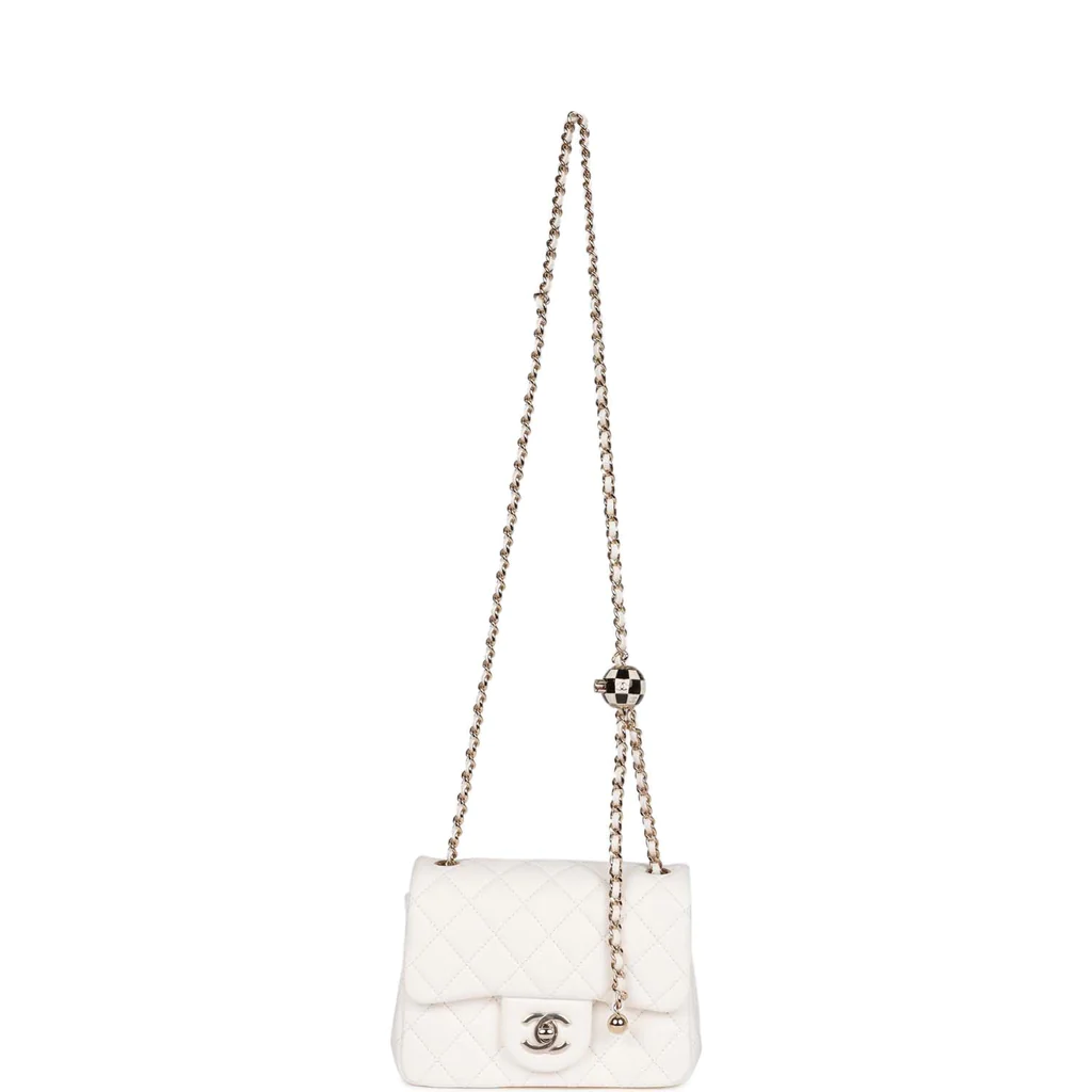 Pearl Crush Mini Square Flap Bag White Lambskin Light Gold Hardware