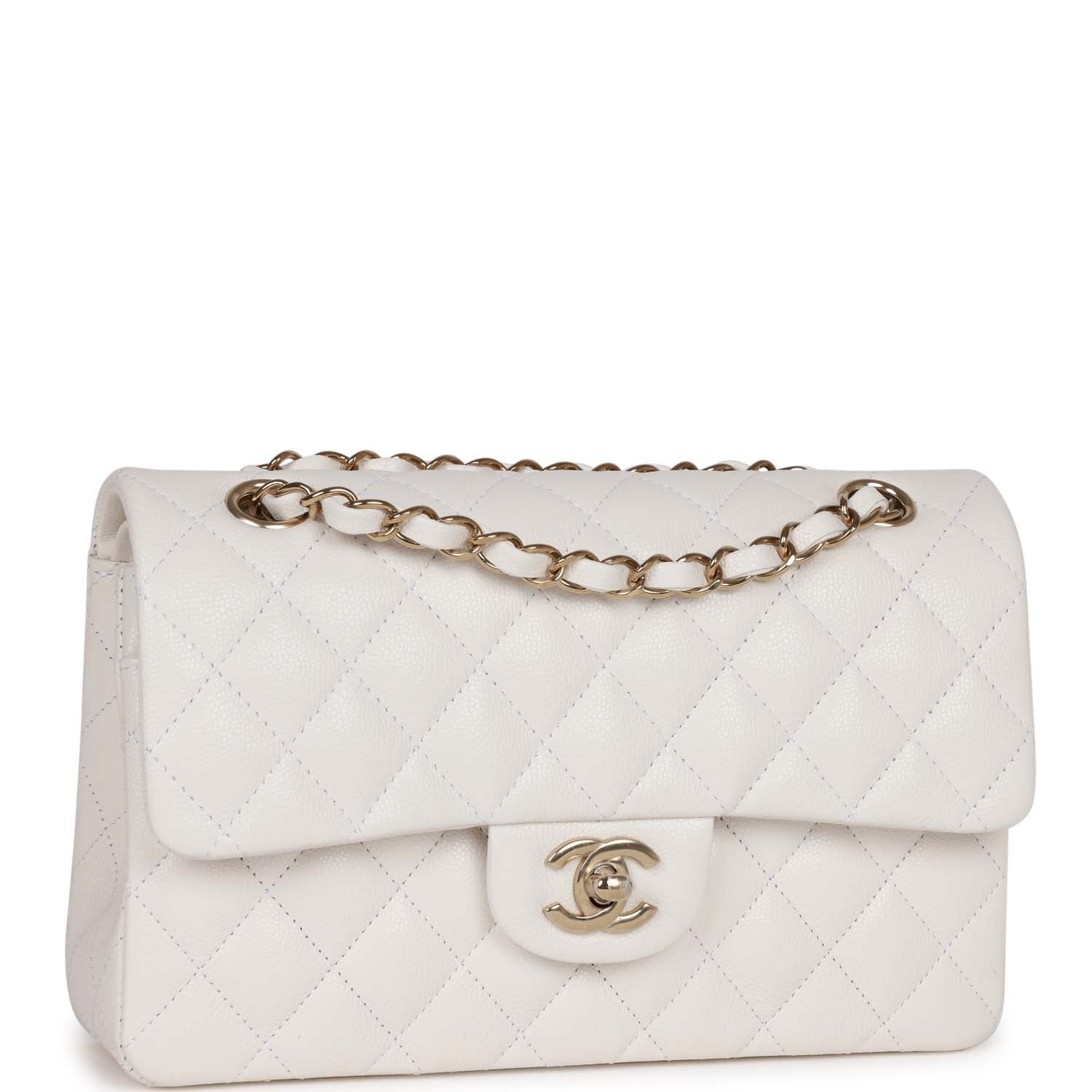 Small Classic Double Flap Bag White Caviar Light Gold Hardware