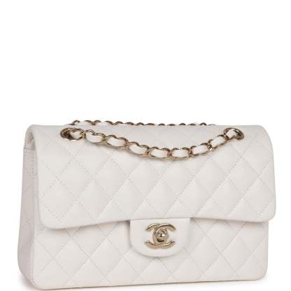 Small Classic Double Flap Bag White Caviar Light Gold Hardware