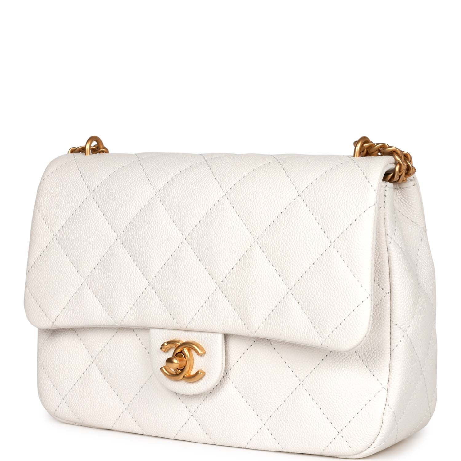 Large Single Flap White Caviar Leather Antique Gold Hardware