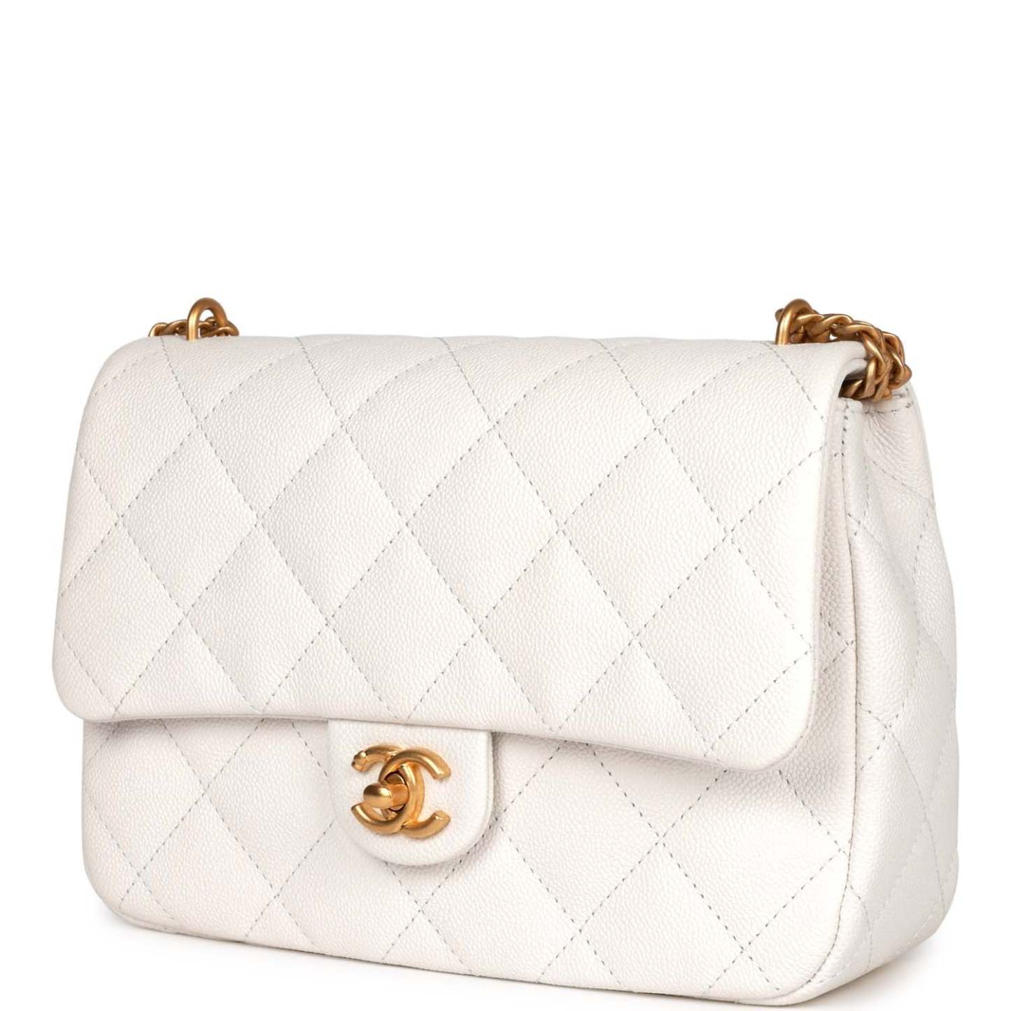Large Single Flap White Caviar Leather Antique Gold Hardware