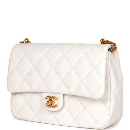 Large Single Flap White Caviar Leather Antique Gold Hardware