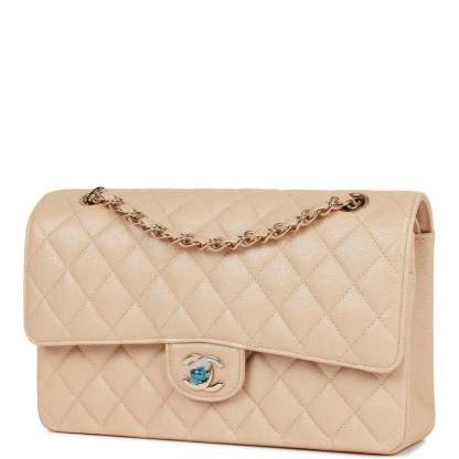 Medium Classic Double Flap Bag Beige Iridescent Caviar Light Gold Hardware