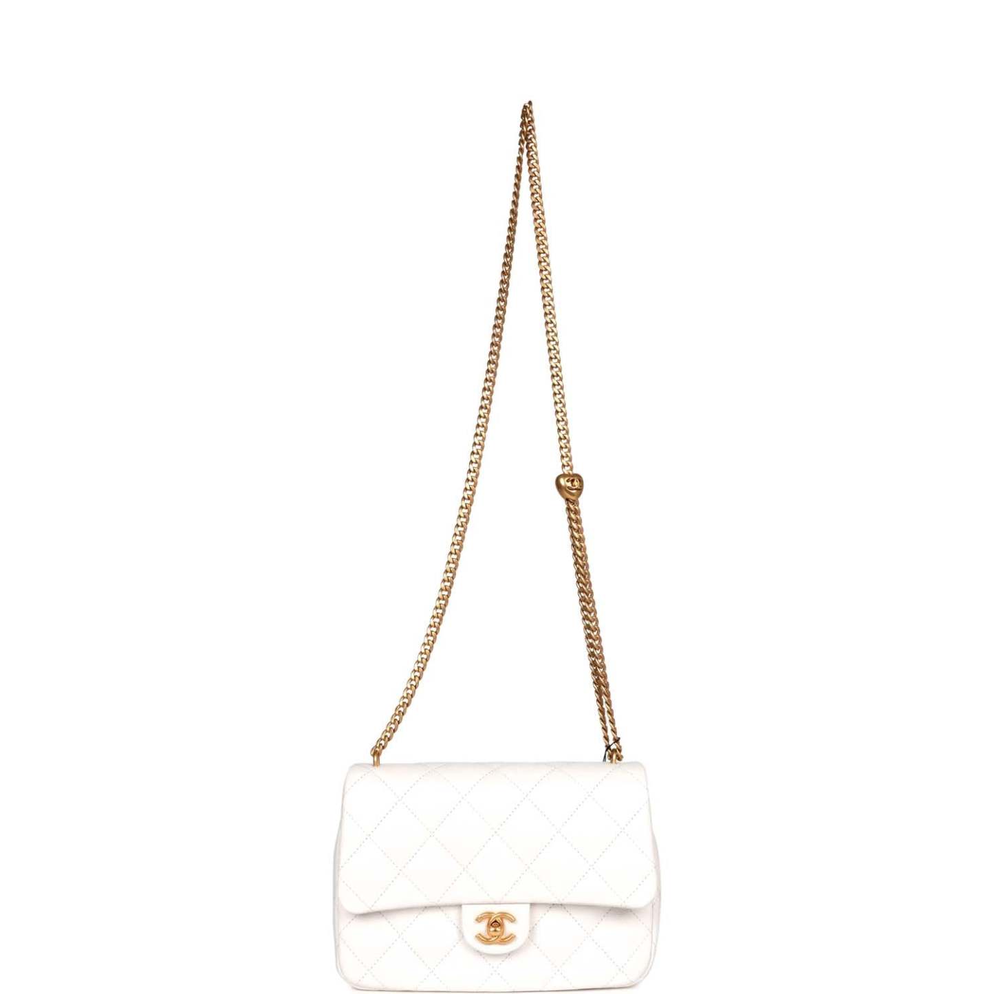 Large Single Flap White Caviar Leather Antique Gold Hardware