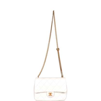 Large Single Flap White Caviar Leather Antique Gold Hardware