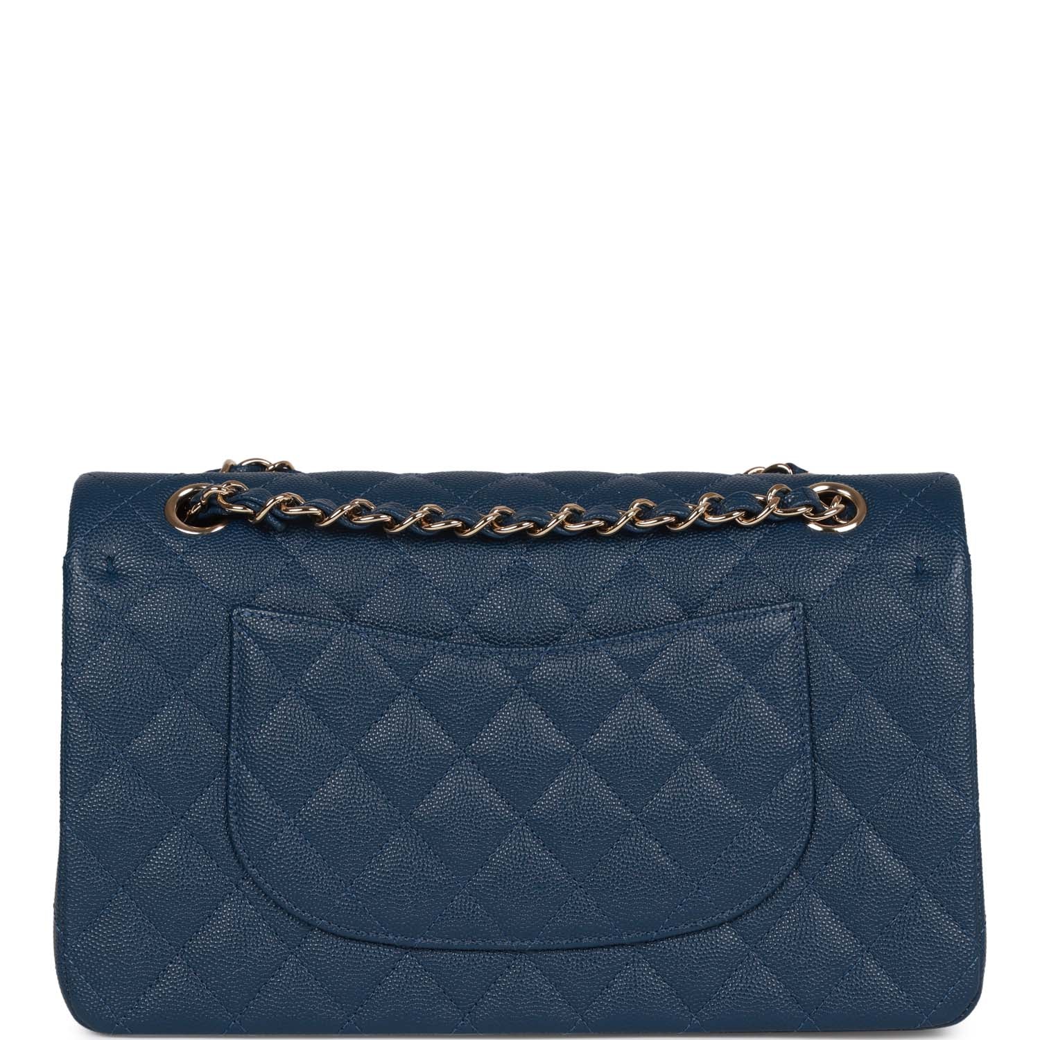 Medium Classic Double Flap Bag Blue Caviar Light Gold Hardware