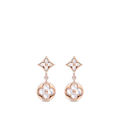 Color Blossom Long Earrings, Pink Gold, White Mother-Of-Pearl And Diamonds