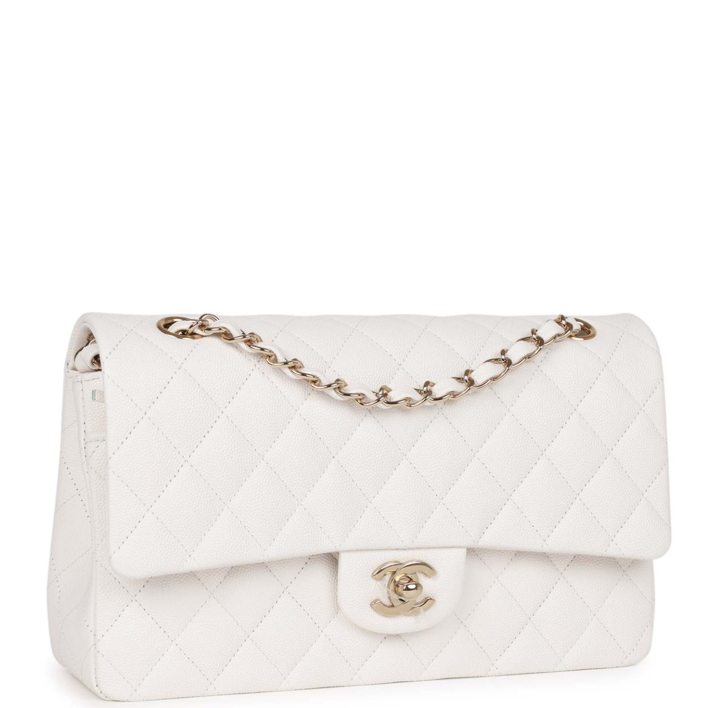 Medium Classic Double Flap Bag White Caviar Light Gold Hardware