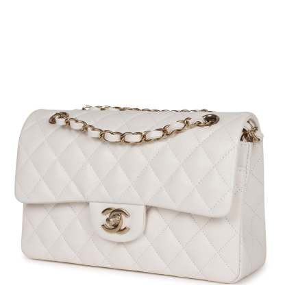 Small Classic Double Flap Bag White Caviar Light Gold Hardware