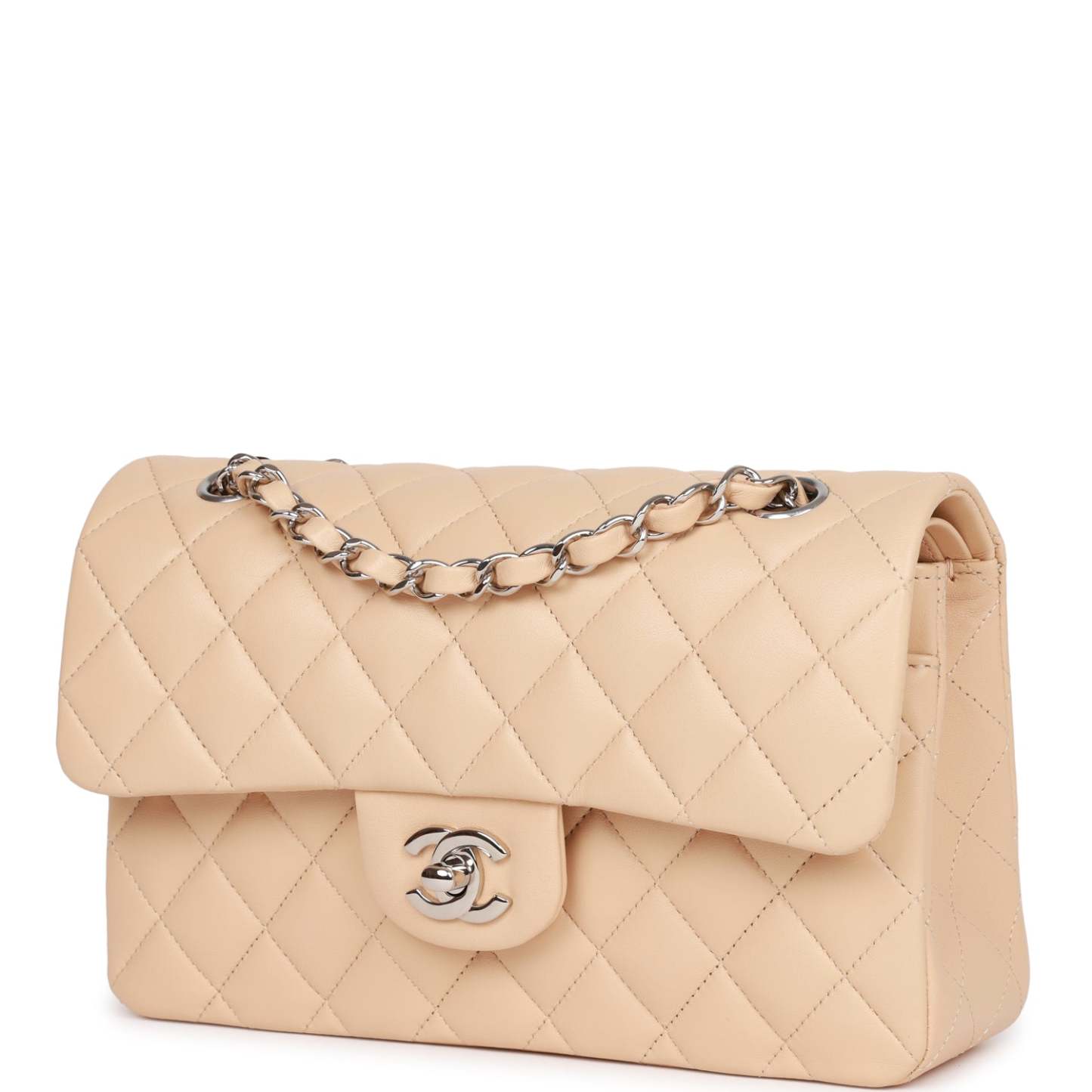 Small Classic Double Flap Beige Lambskin Silver Hardware
