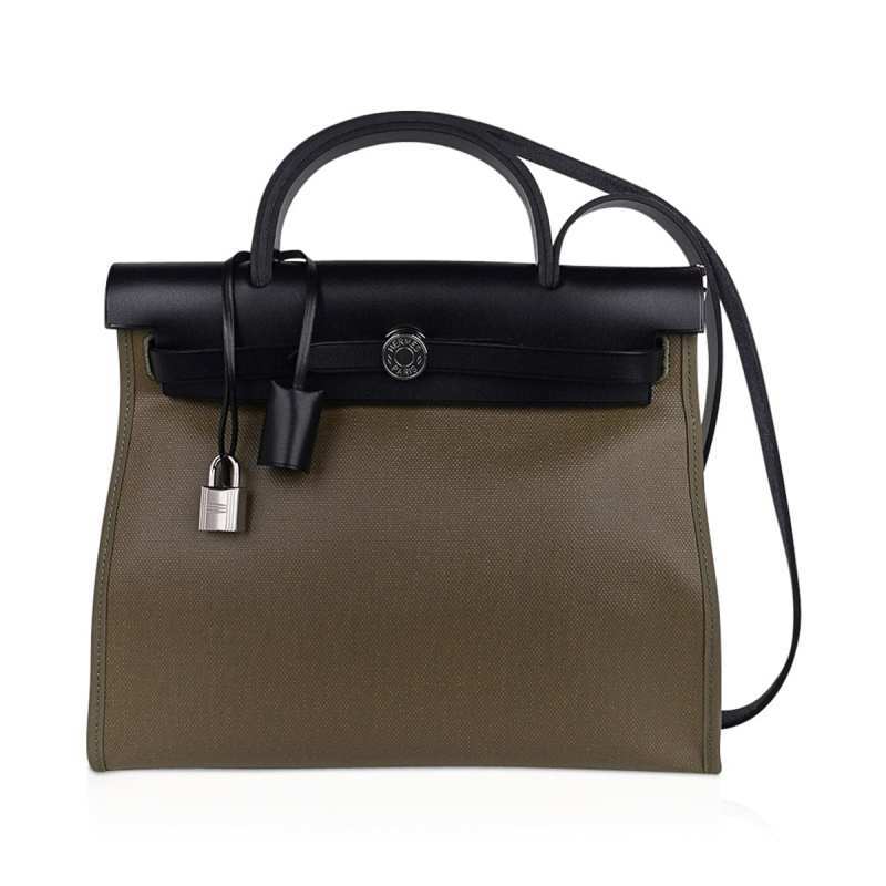 Herbag Zip 31 Bag Retourne Khaki Berline & Black Leather with Palladium Hardware