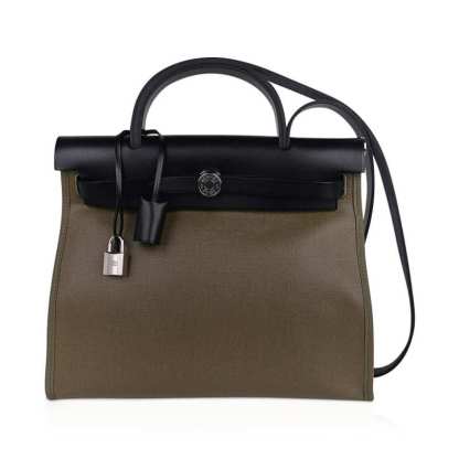 Herbag Zip 31 Bag Retourne Khaki Berline & Black Leather with Palladium Hardware
