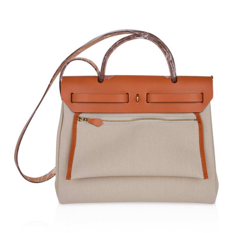 Herbag Zip Retourne 31 Bag Beton Toile Militaire / Natural Sable Leather Gold Hardware