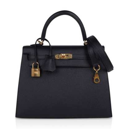 Kelly Sellier 25 Bag Black Epsom Gold Hardware New