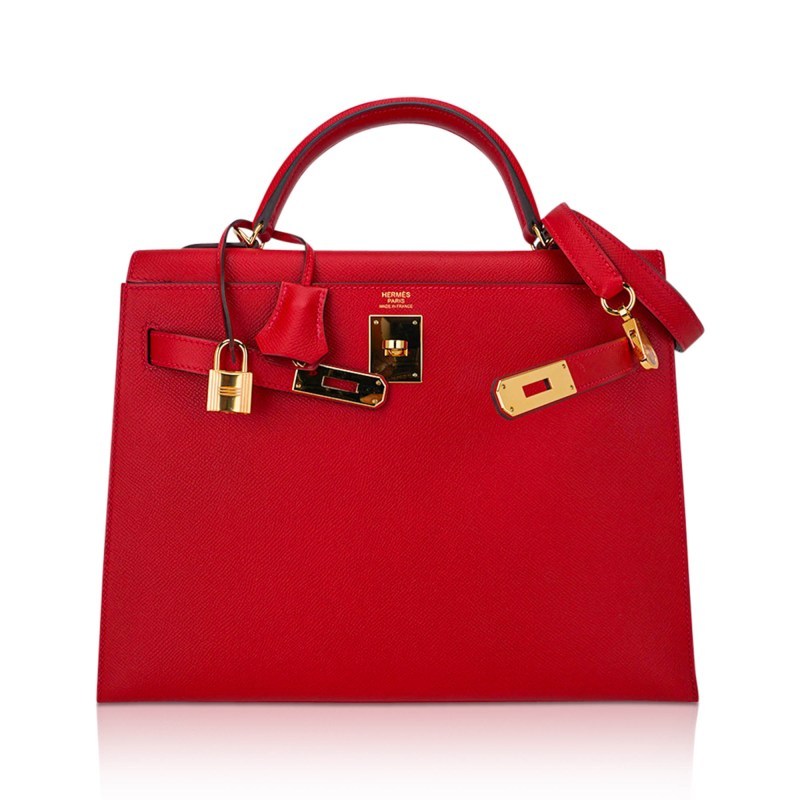 Kelly 32 Sellier Bag Rouge Casaque Epsom Leather with Gold Hardware