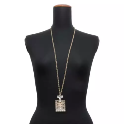 Double C Logo Rhinestone Long Pendant Necklace