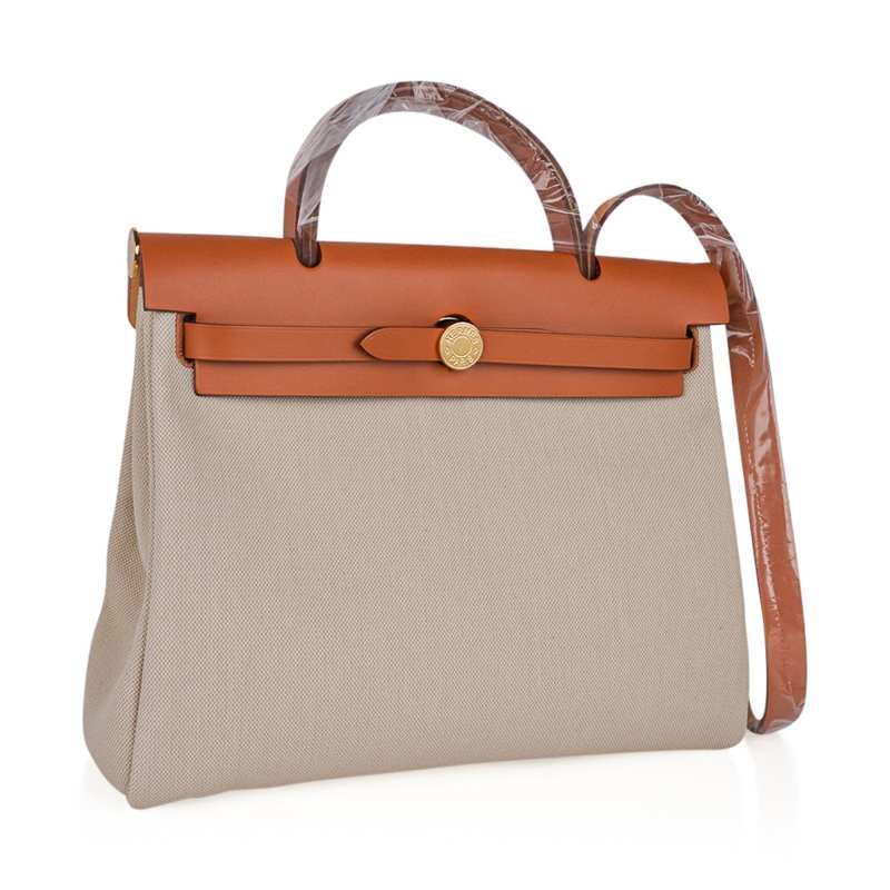 Herbag Zip Retourne 31 Bag Beton Toile Militaire / Natural Sable Leather Gold Hardware