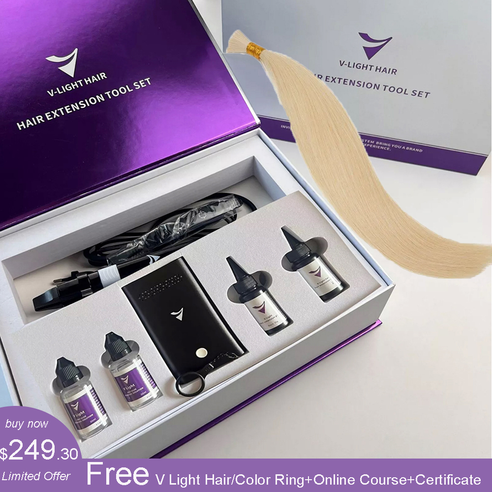 V Light Hair Extension Full Set For Salon Include Free Hair Bulk Color Ring and Course and Certificate（UPGRADE LUXURY PACKAGE）