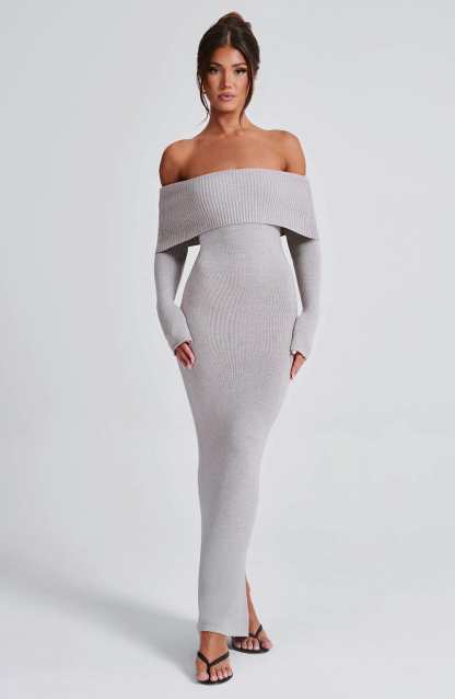 Beverley Knit Maxi Dress - Light Grey Marl-My Top Dress.All Rights Reserved