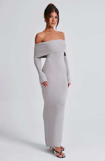 Beverley Knit Maxi Dress - Light Grey Marl-My Top Dress.All Rights Reserved