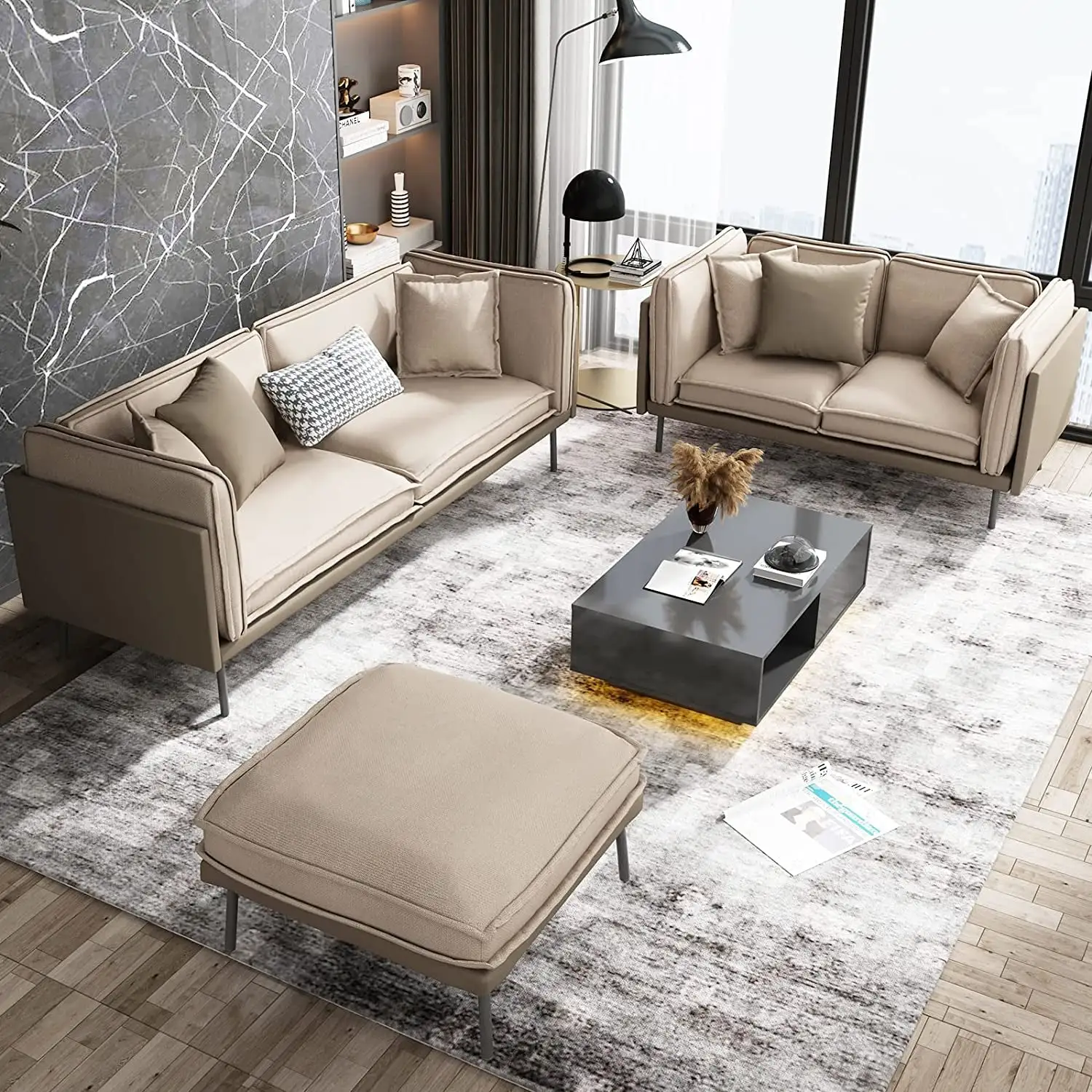 Mjkone 3 Pieces Secional Sofa Set, Modern Faux Leather and Linen Fabri ...