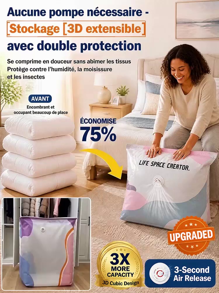 Housse de Rangement Sous Vide Sans Pompe | Gain de Place 80% | Matériau Sûr Bébé | Ultra-Résistant