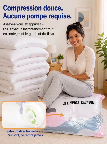 Housse de Rangement Sous Vide Sans Pompe | Gain de Place 80% | Matériau Sûr Bébé | Ultra-Résistant