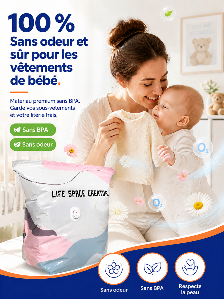 Housse de Rangement Sous Vide Sans Pompe | Gain de Place 80% | Matériau Sûr Bébé | Ultra-Résistant