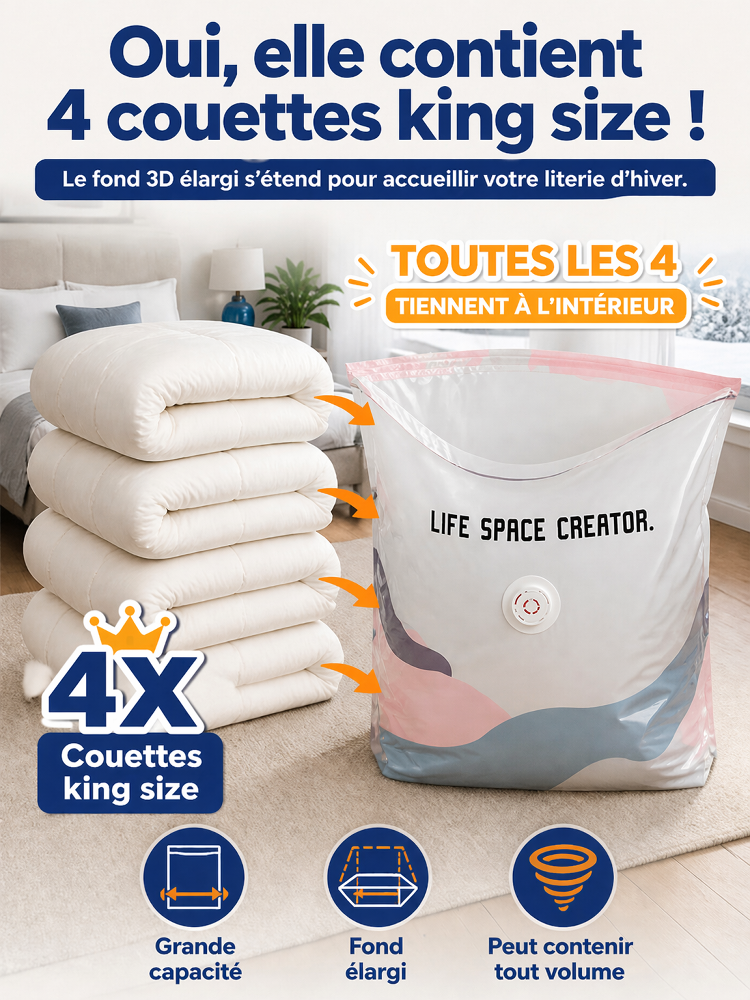 Housse de Rangement Sous Vide Sans Pompe | Gain de Place 80% | Matériau Sûr Bébé | Ultra-Résistant