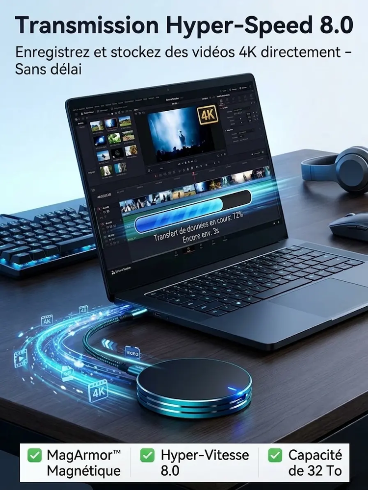 Disque SSD externe portable USB-C avec aimant, anti-perte