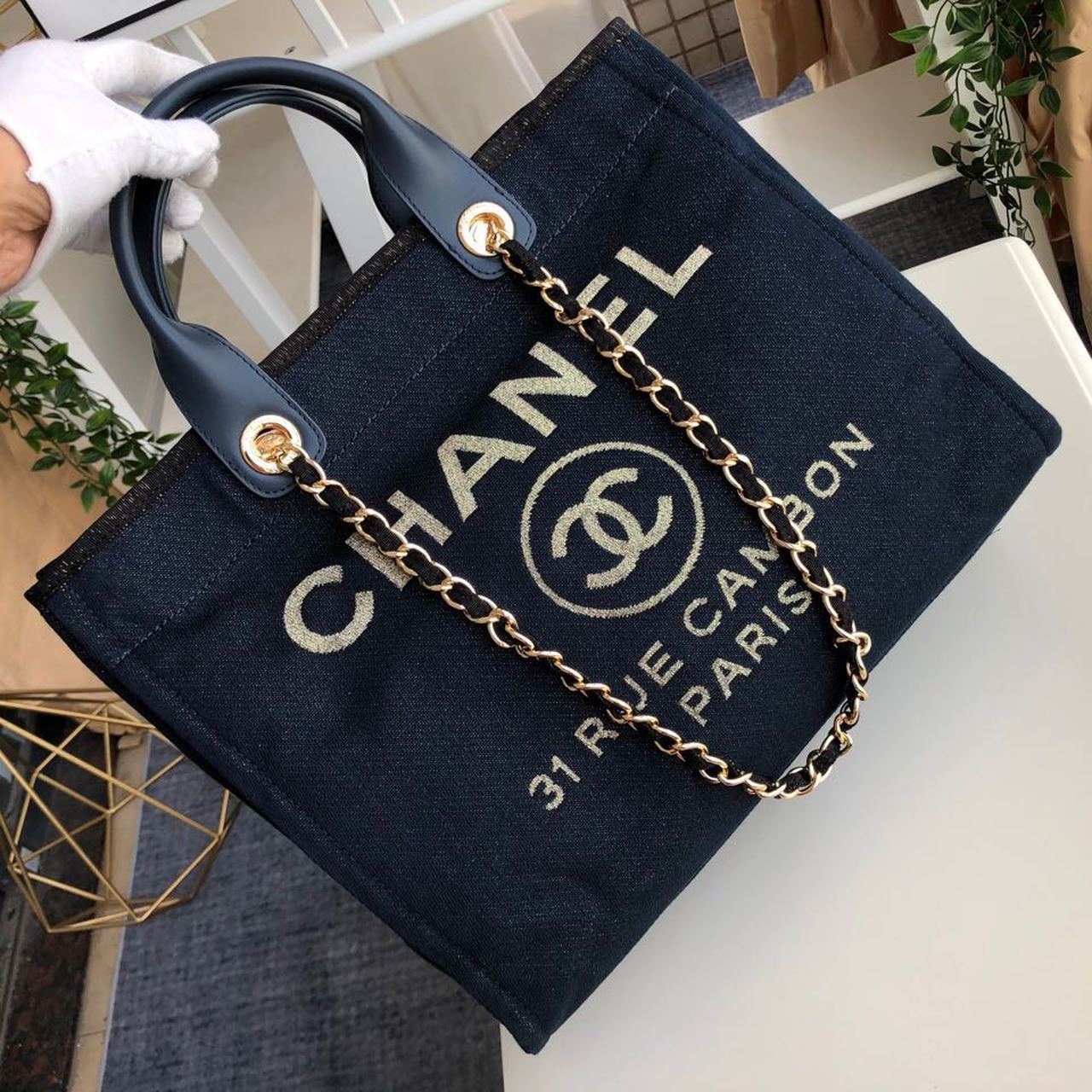 Chanel Deauville Tote Canvas Bag Dark Blue For Women 14.9in/38cm