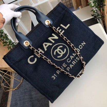Chanel Deauville Tote Canvas Bag Dark Blue For Women 14.9in/38cm