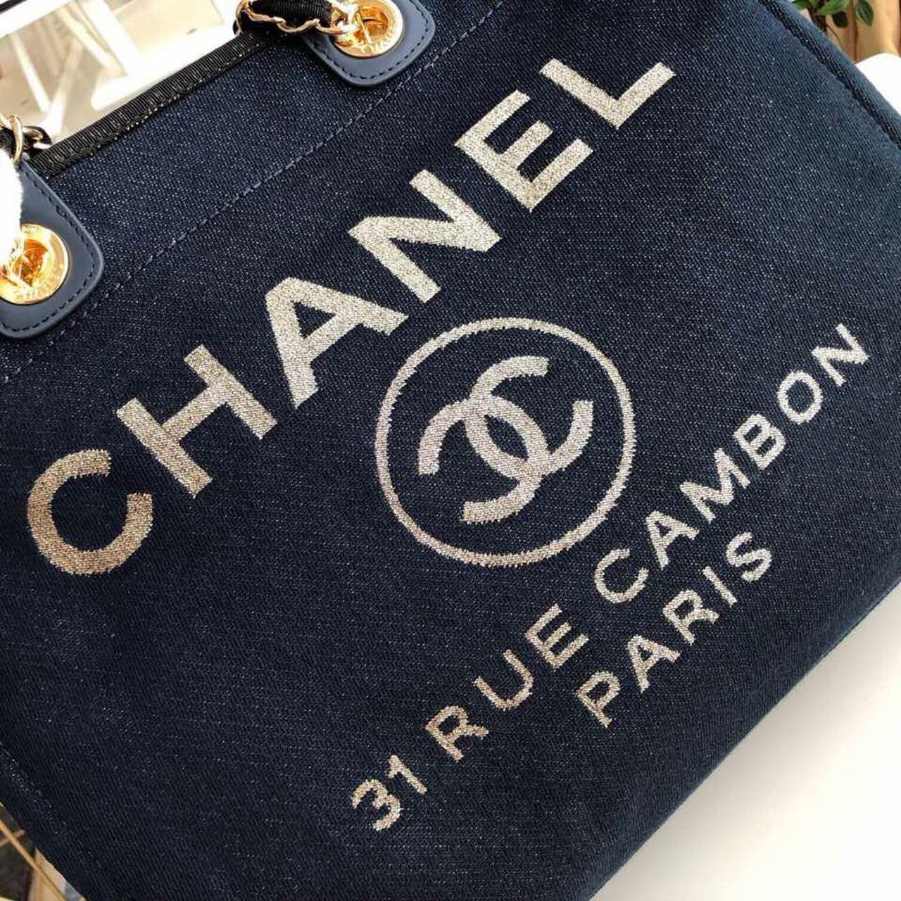 Chanel Deauville Tote Canvas Bag Dark Blue For Women 14.9in/38cm