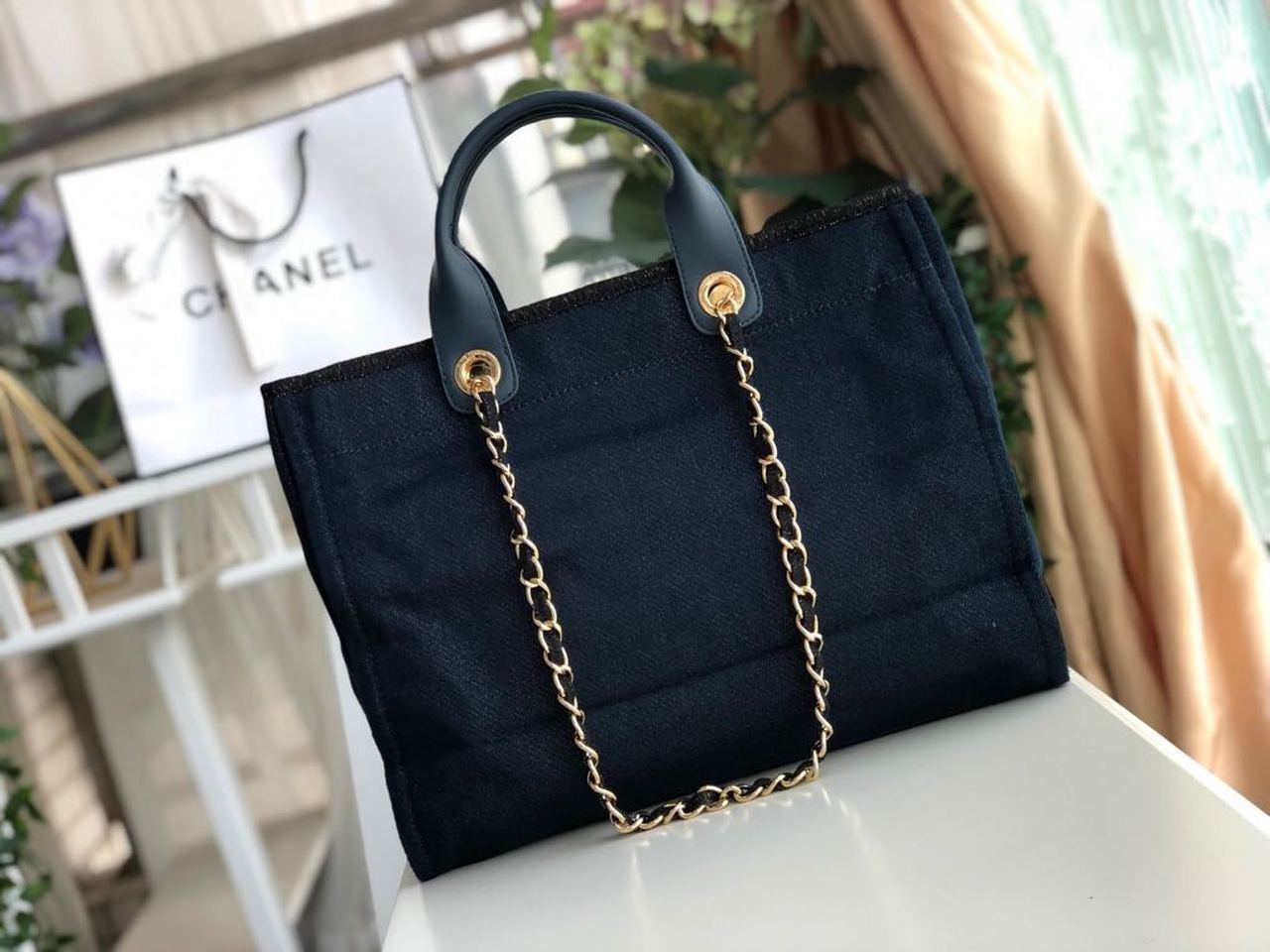Chanel Deauville Tote Canvas Bag Dark Blue For Women 14.9in/38cm