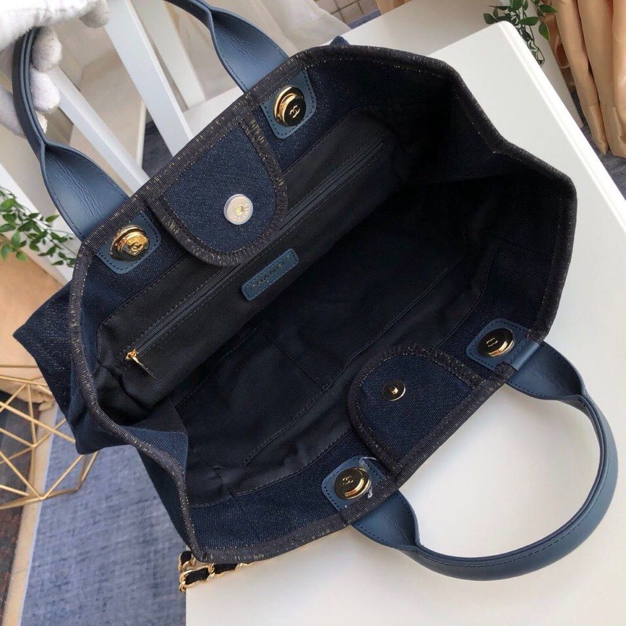 Chanel Deauville Tote Canvas Bag Dark Blue For Women 14.9in/38cm