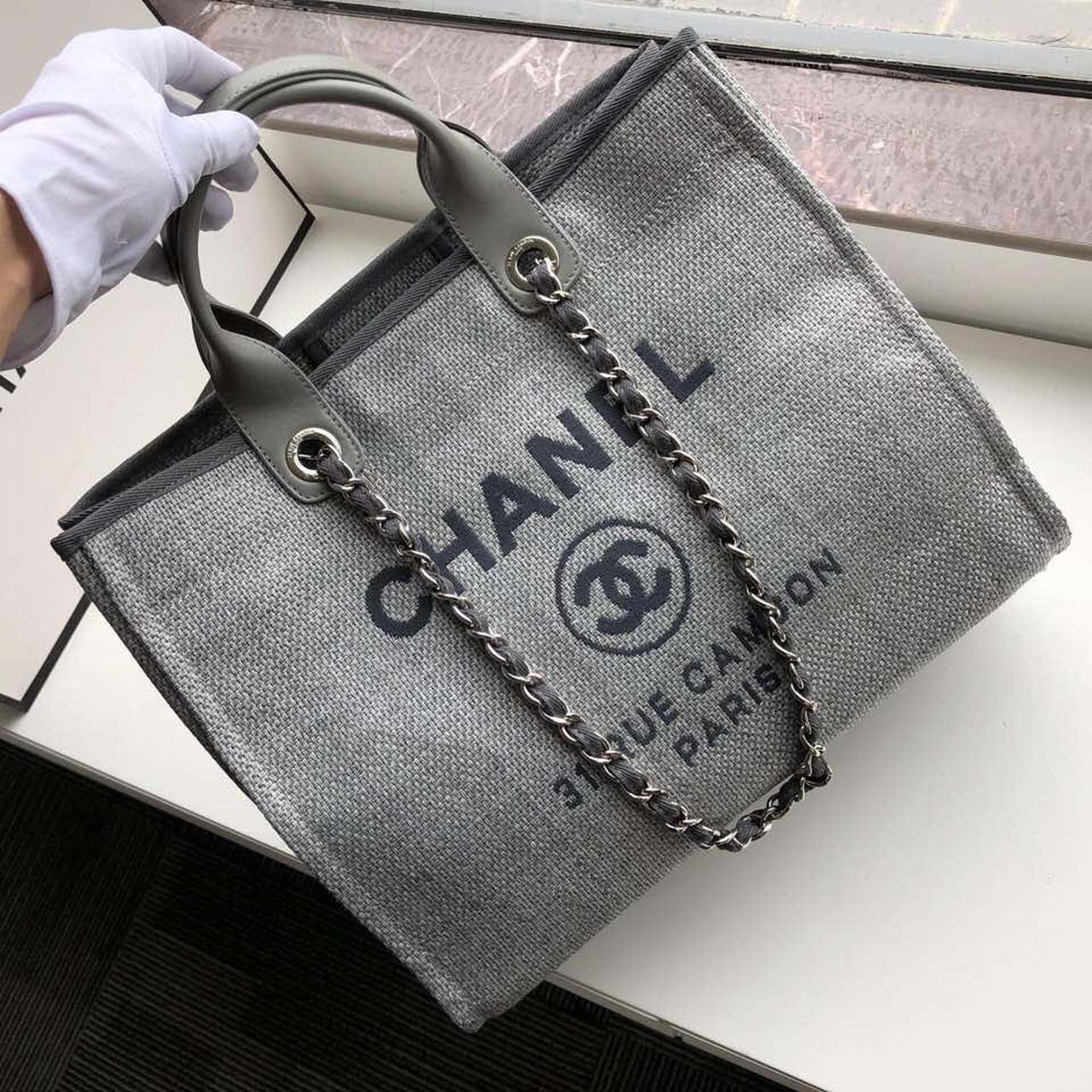 ChanelSmall Shopping Bag Silver Hardware Grey For Women, Women&#8217;s Handbags, Shoulder Bags 15.2in/39cm AS3257