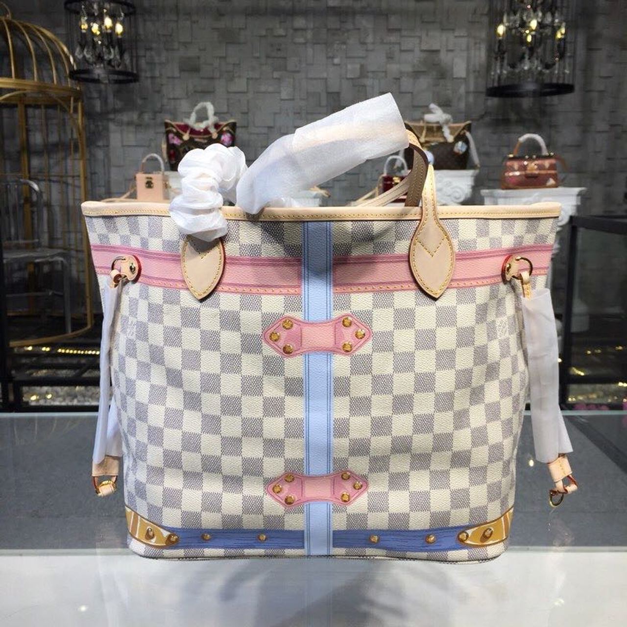 LV Neverfull MM Tote Bag Trompe L’oeil Print Damier Azur Canvas For Women,  Shoulder Bags 12.6in/32cm LV N41065