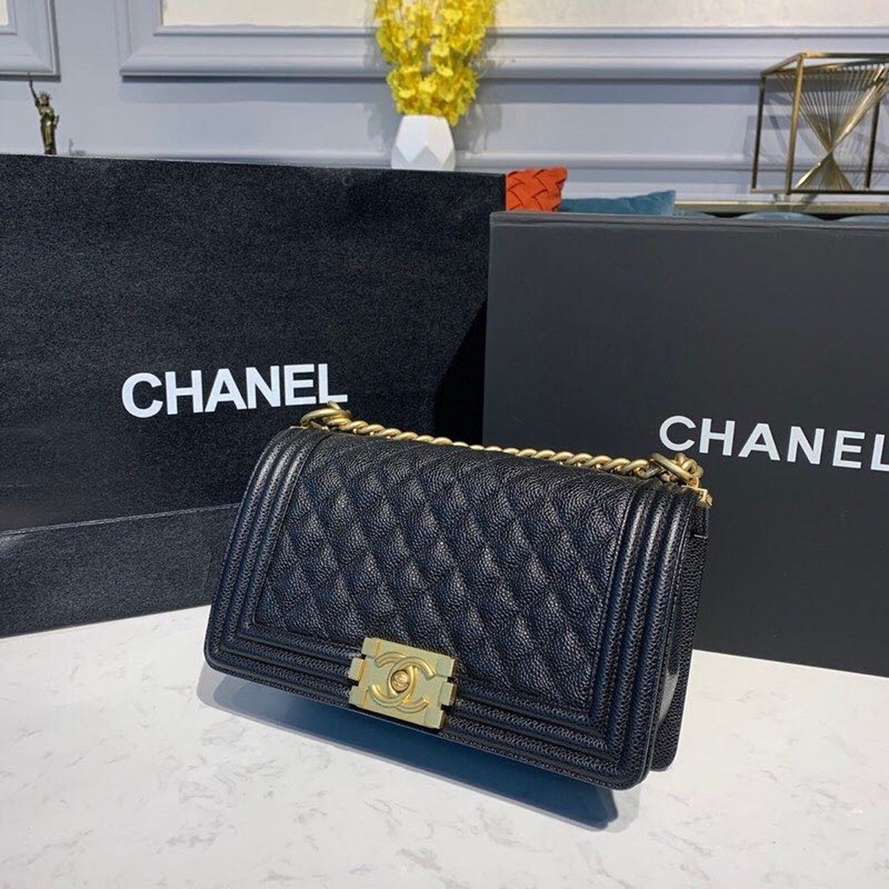 CHL Boy Handbag Gold Toned Hardware Black For Women, Women&#8217;s Bags, Shoulder And Crossbody Bags 9.8in/25cm A67086