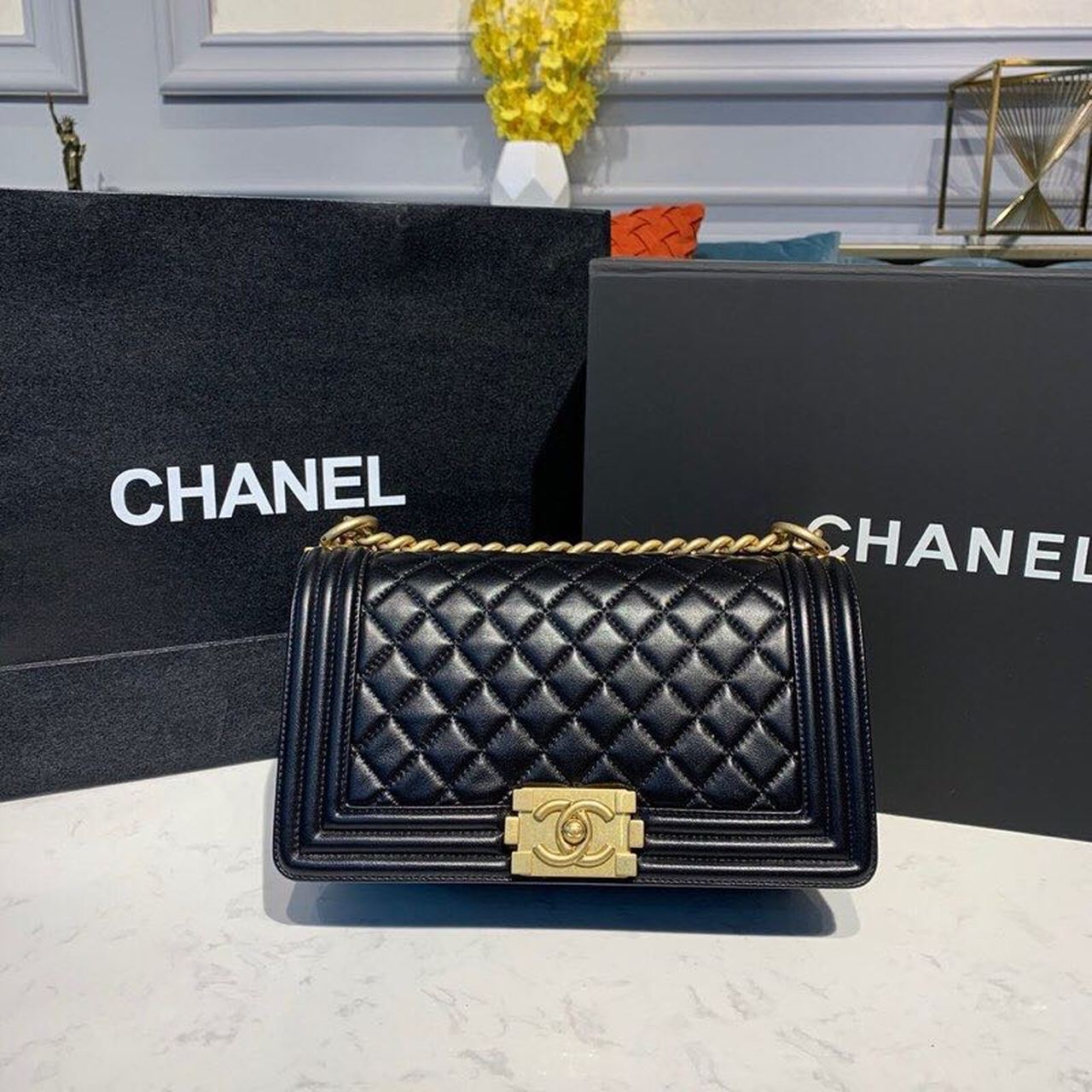 CHL Boy Handbag Gold Toned Hardware Black For Women, Women&#8217;s Bags, Shoulder And Crossbody Bags 9.8in/25cm A67086